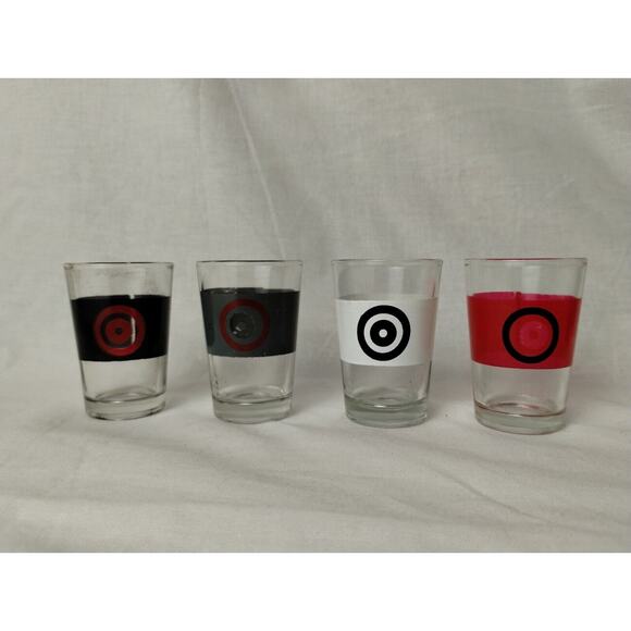 4 BULLSEYE SHOT GLASS SET-CLEAR-RED, BLACK, GRAY & WHITE - GLASS - Picture 1 of 2